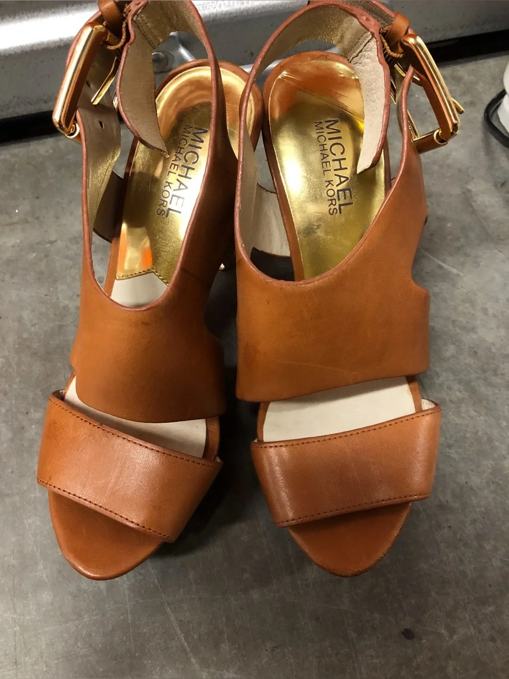 Michael Kors Josephine Cognac Leather Platform Heel Sandals 7M